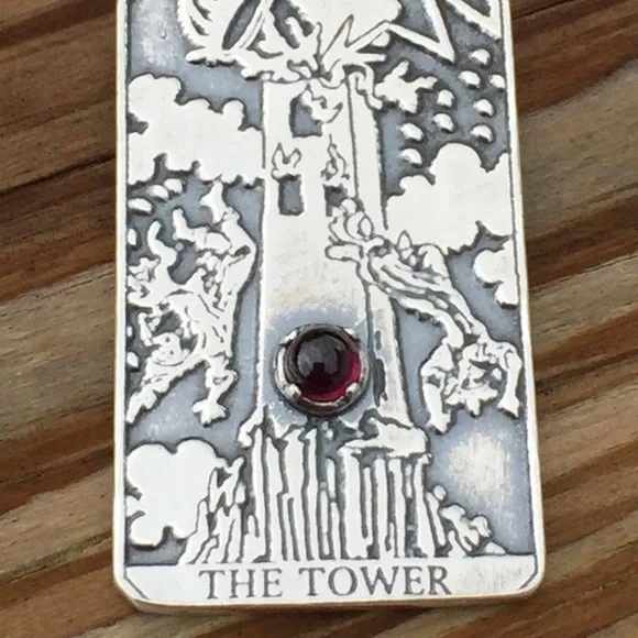 Tower Tarot Card Pendant .925 Sterling Silver w/ genuine Garnet made in USA - Picture 4 of 4